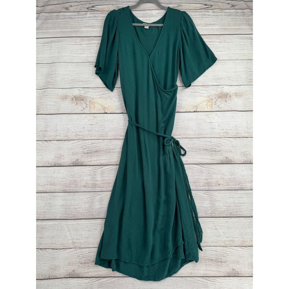 Billabong Wrap Dress Womens Large Green Short Sleeve V-Neck Boho Midi